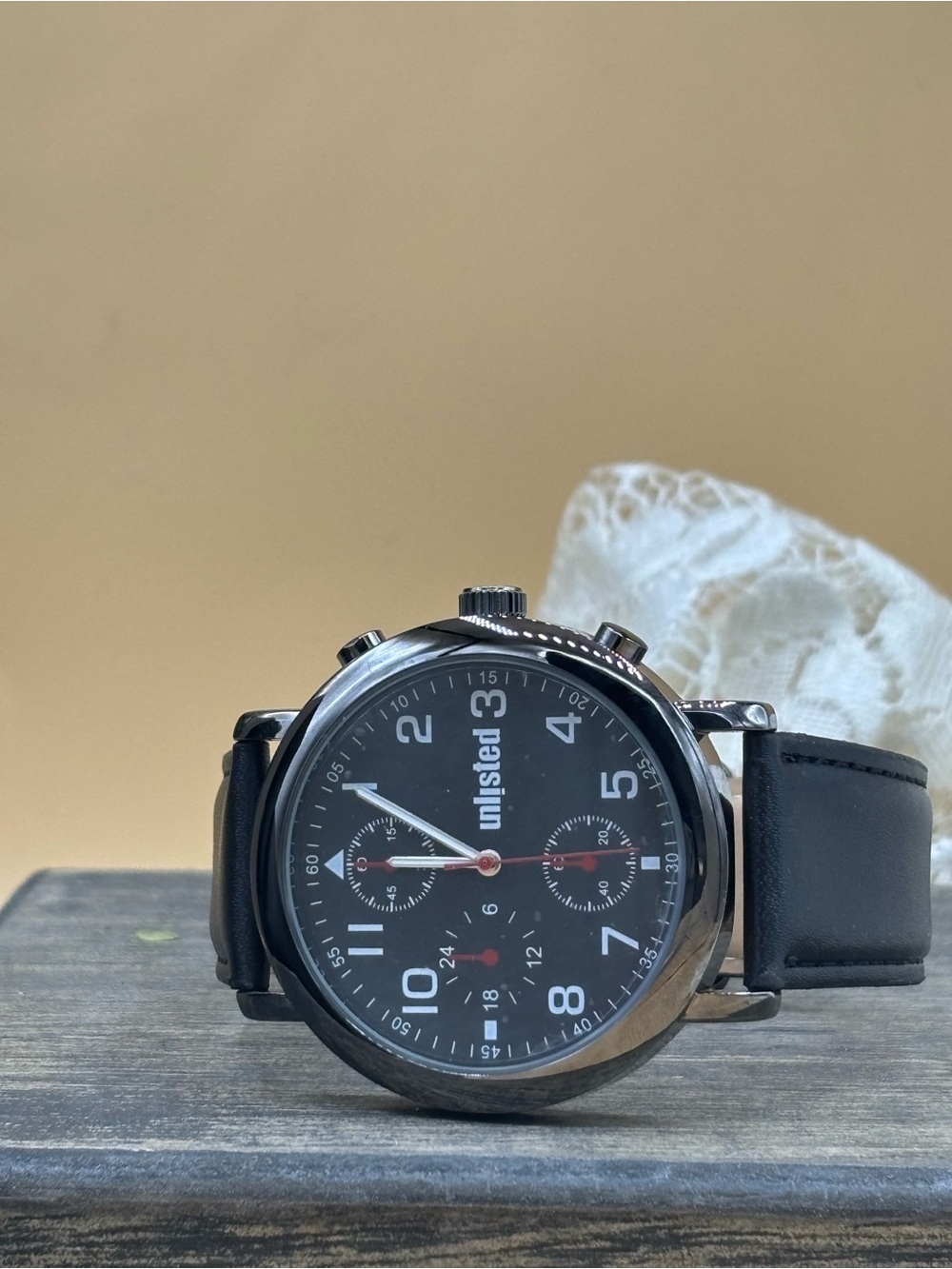 Unlisted Men's Black Dial Multifunction Watch with Black Leather Band - Picture 3 of 7